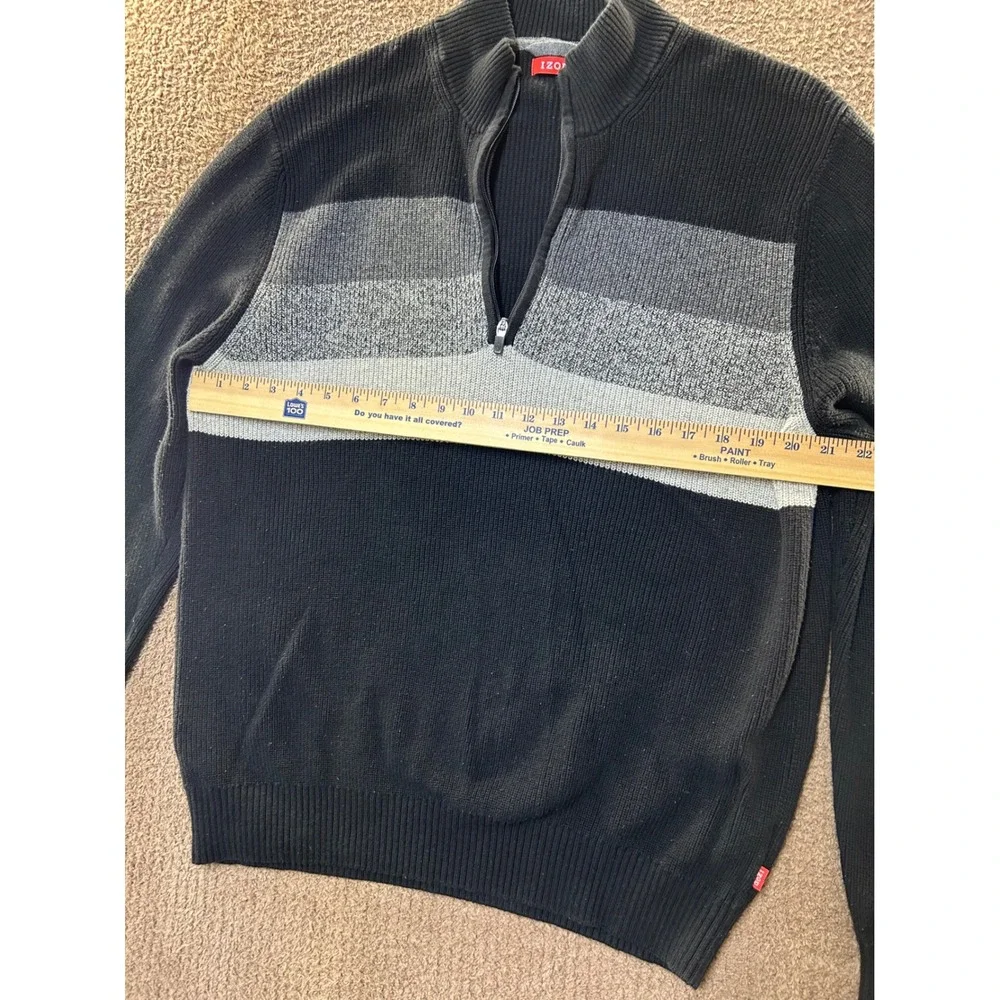 IZOD Mens XL Quarter Zip Sweater Black Grey Striped Cotton Ribbed Knit Pullover
